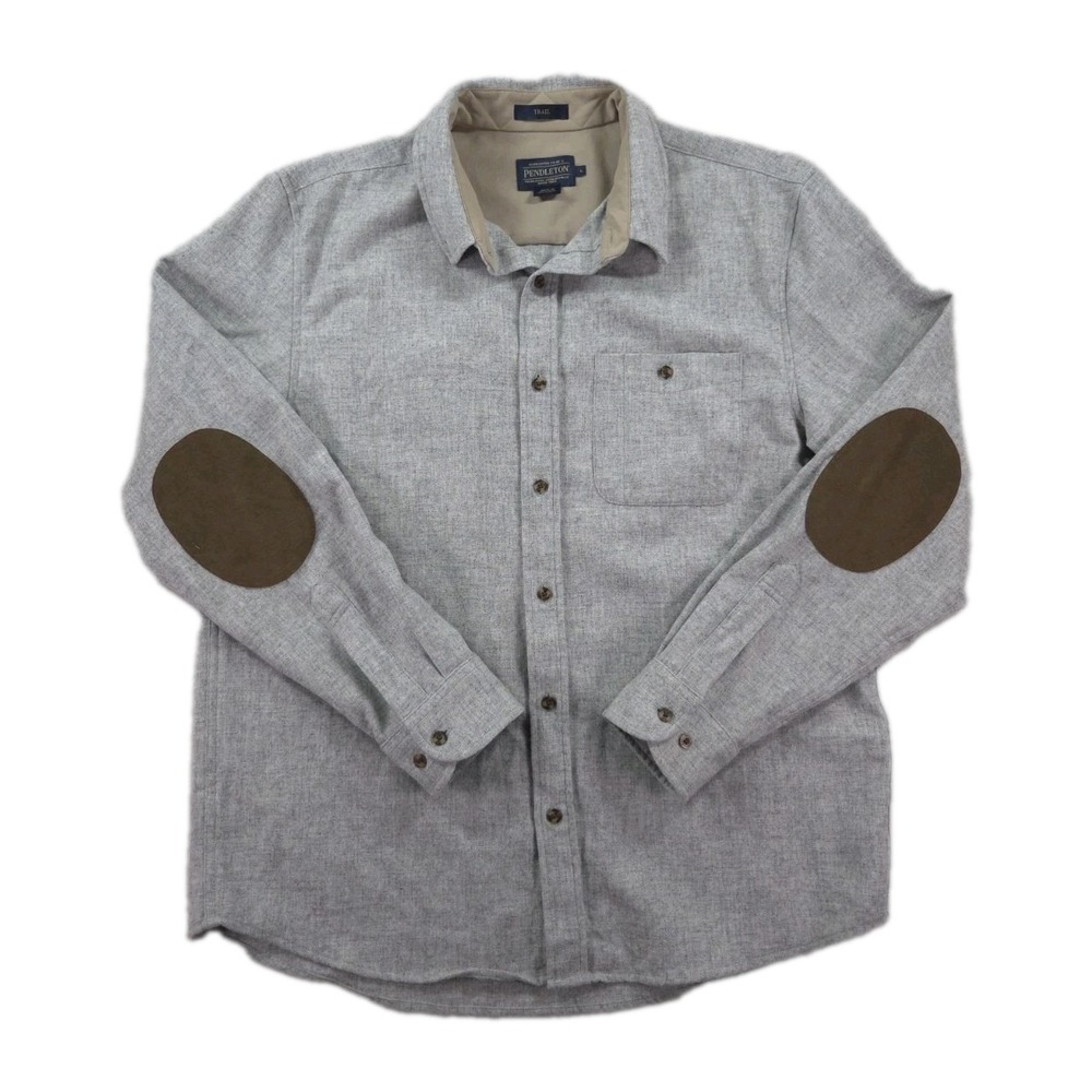 Pendleton Wool Trail Shirt Mens Large Elbow Patch Gray Long Sleeve Button Up